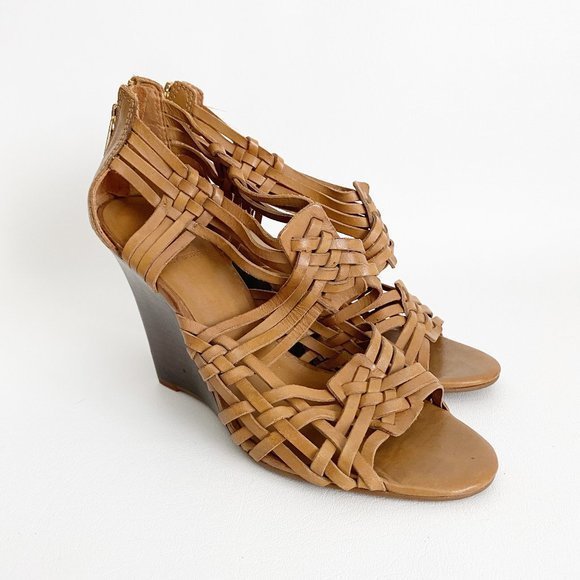 Tory Burch Shoes - Tory Burch "Tevray" Brown Tan Leather Strappy Wedge Heels Size 10